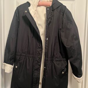 Black/Cream Corduroy Hooded Reversible Lightweight Coat.